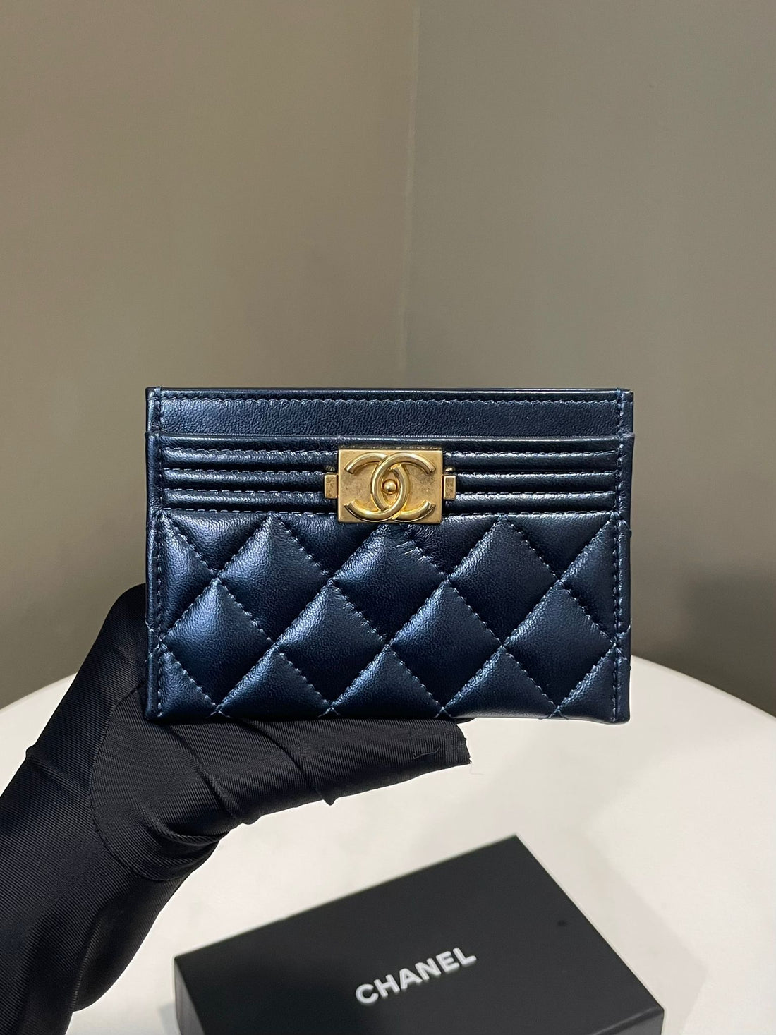 Chanel Boy Card Holder Iridescent Blue Lambskin