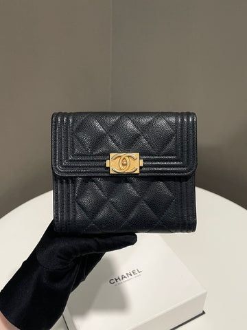 Chanel Boy Compact Trifold Wallet Black Caviar