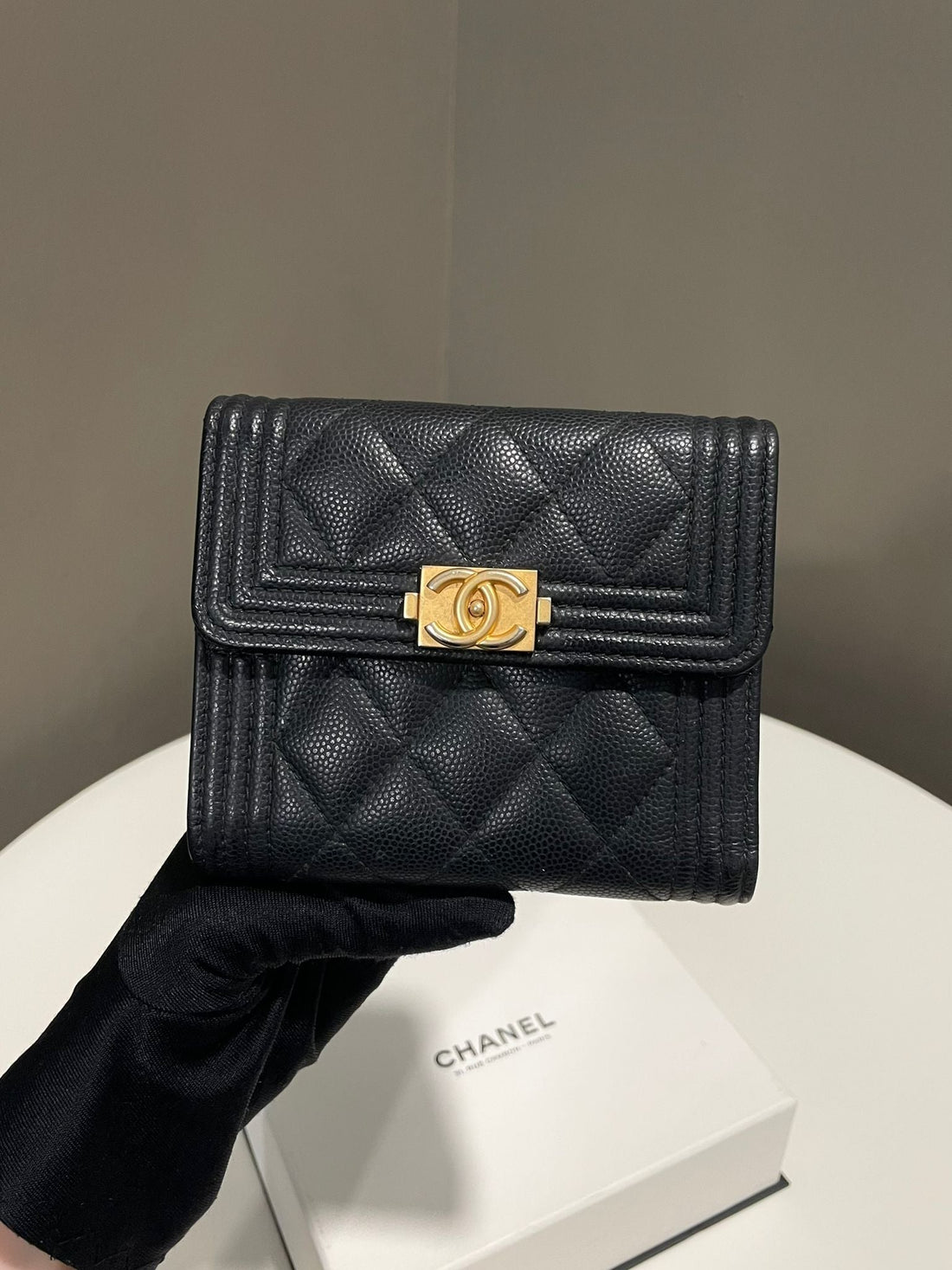 Chanel Boy Compact Trifold Wallet Black Caviar