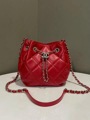 Chanel CC Dweller Drawstring Bucket Bag? Red Lambskin