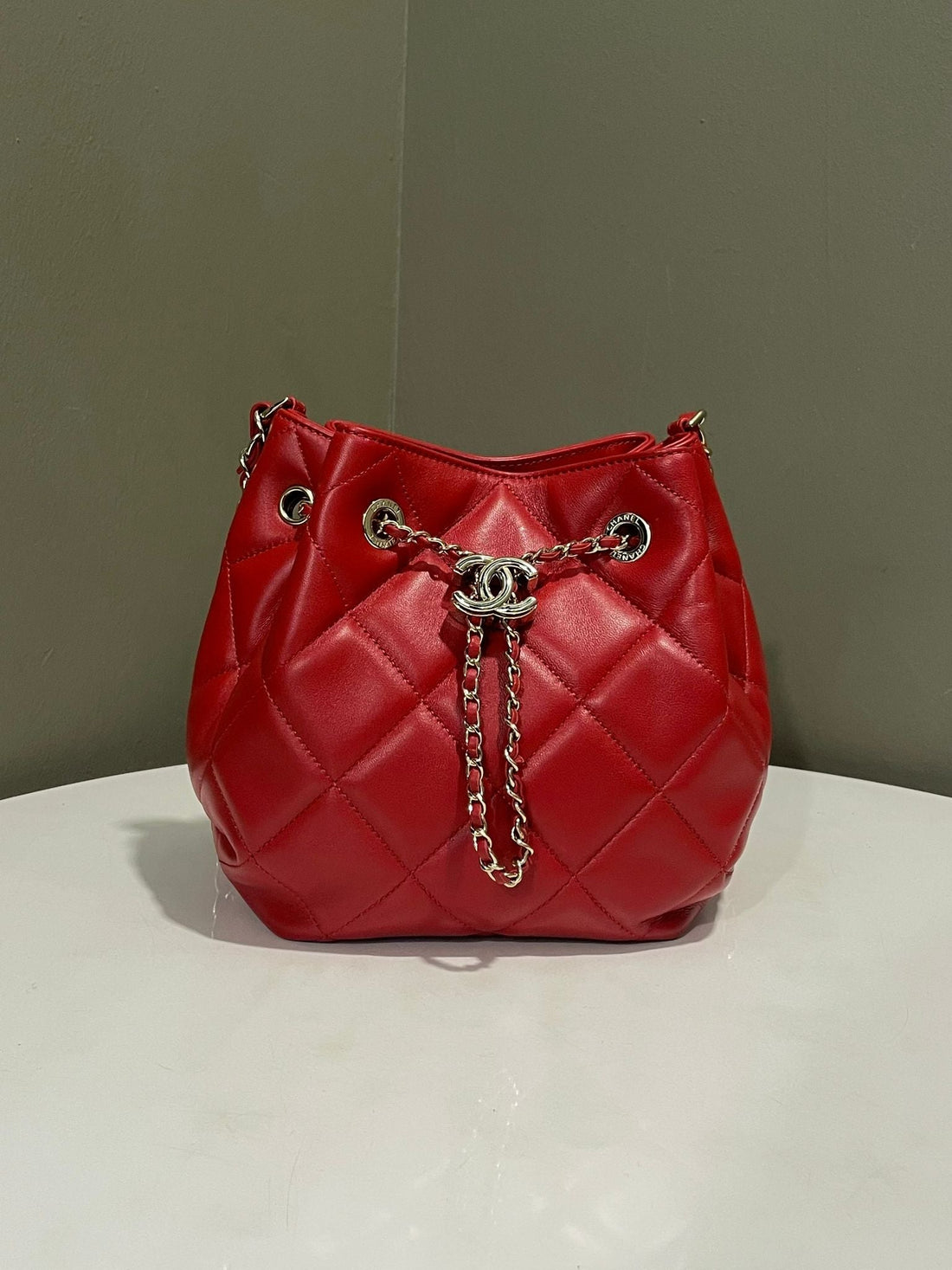 Chanel CC Dweller Drawstring Bucket Bag? Red Lambskin