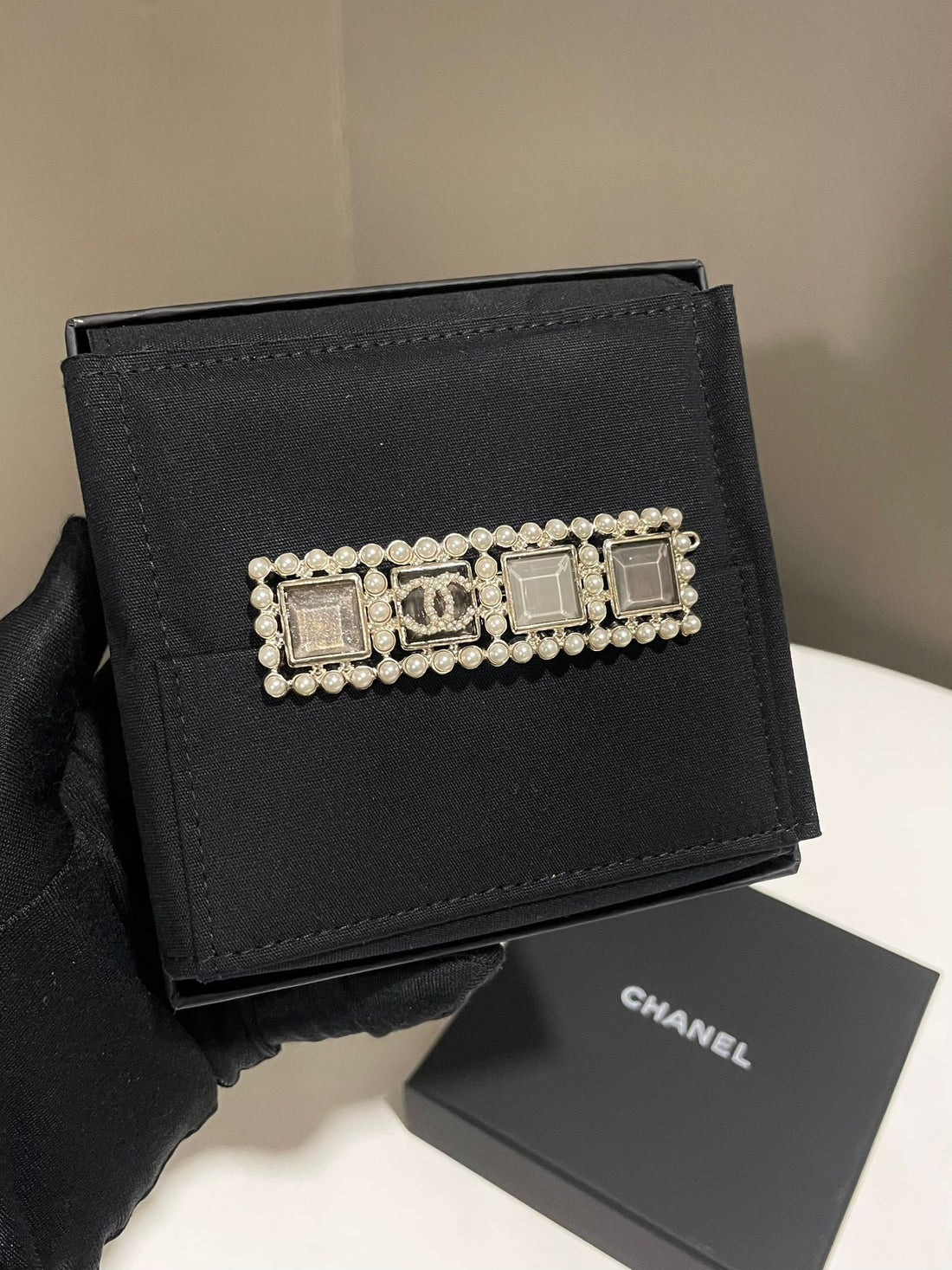 Chanel CC Hair Clip Barrette Pearl Grey Square Resin