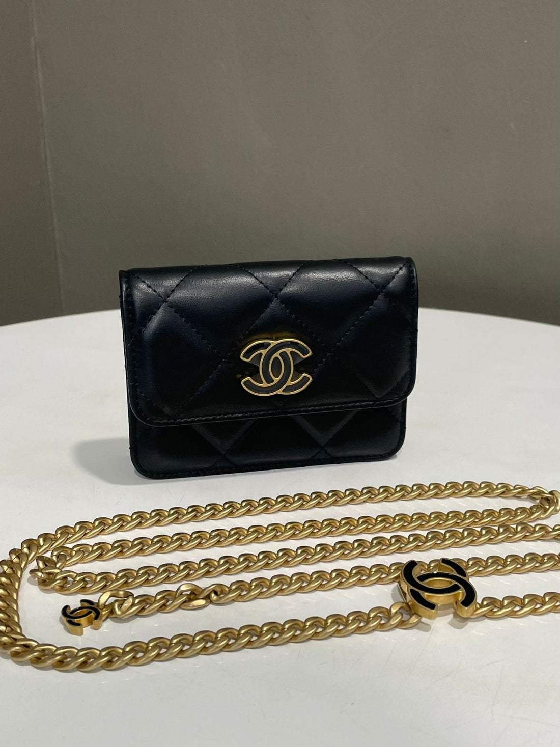 Chanel CC Pending Chain Belt Card Case Black Lambskin