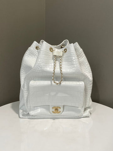 Chanel Cc Pocket Drawstring Backpack White Embossed