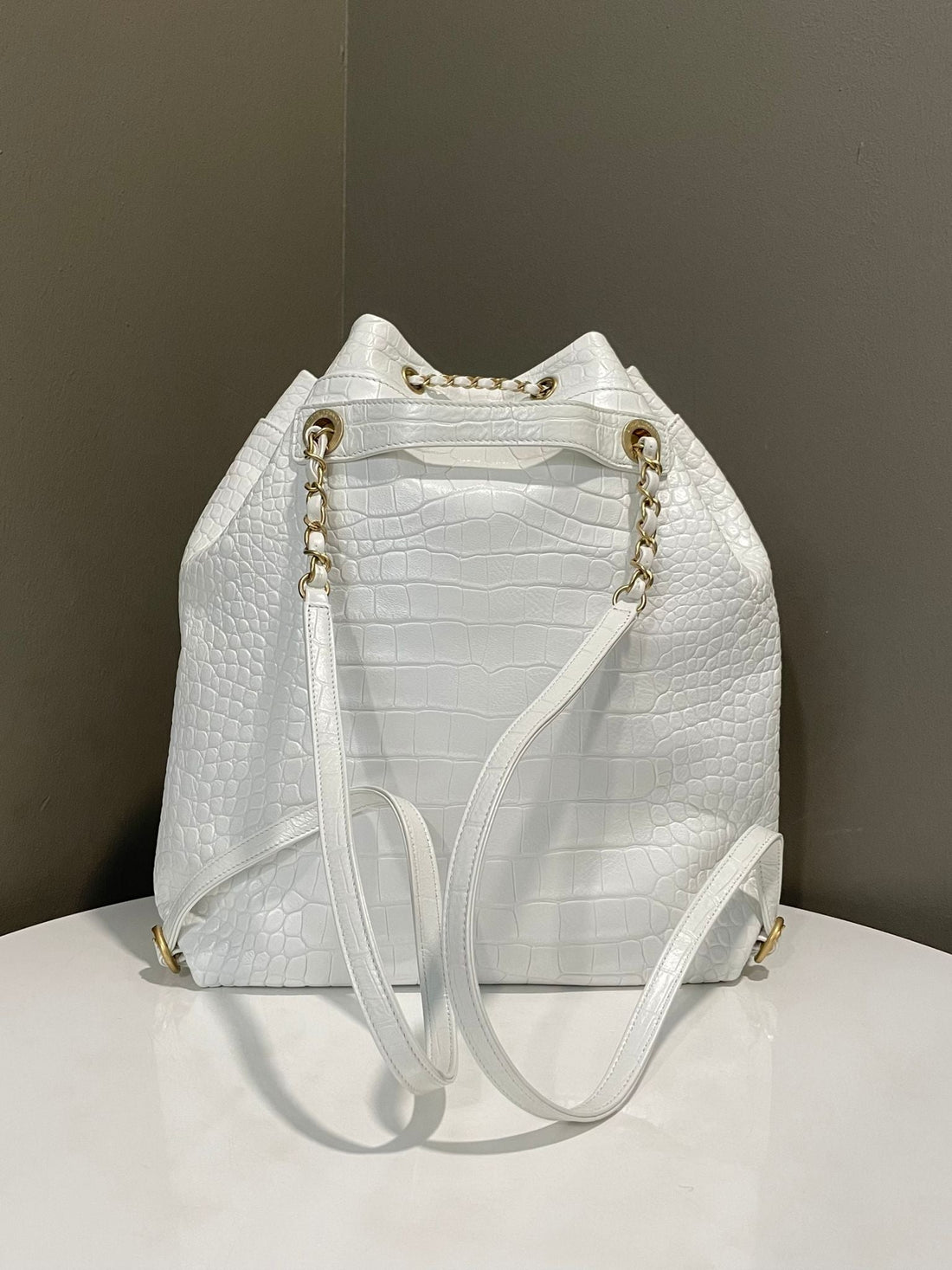 Chanel Cc Pocket Drawstring Backpack White Embossed