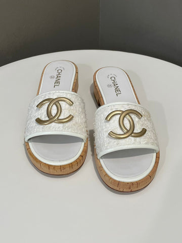 Chanel CC Slide Sandals White Tweed Size 41.5