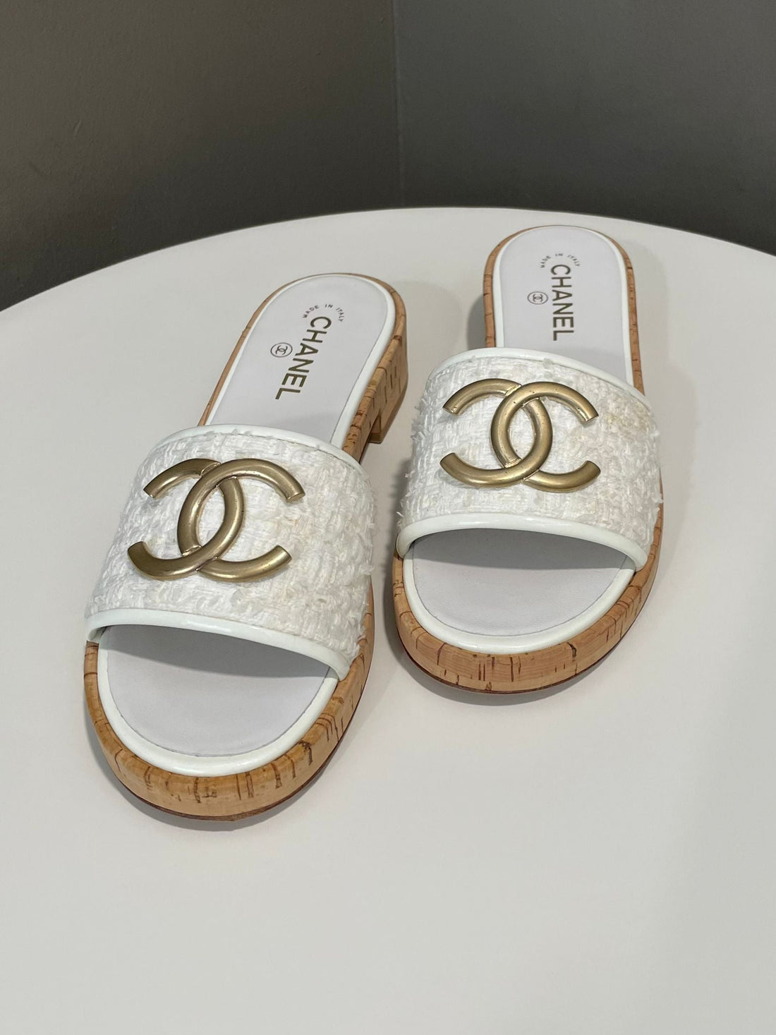 Chanel CC Slide Sandals White Tweed Size 41.5