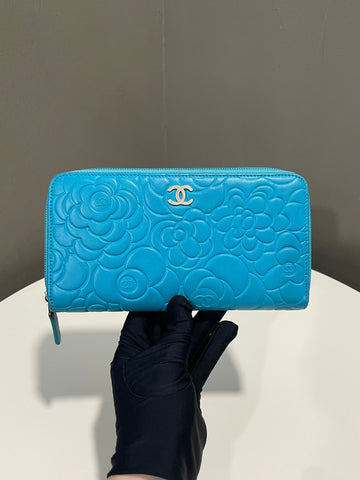 Chanel Camelia Long Zip Wallet Turquoise Lambskin