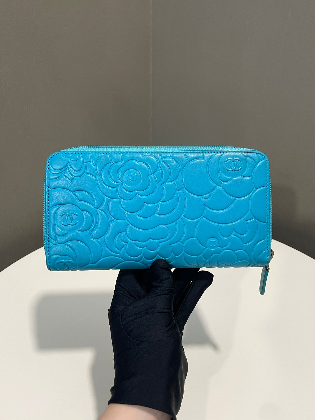 Chanel Camelia Long Zip Wallet Turquoise Lambskin