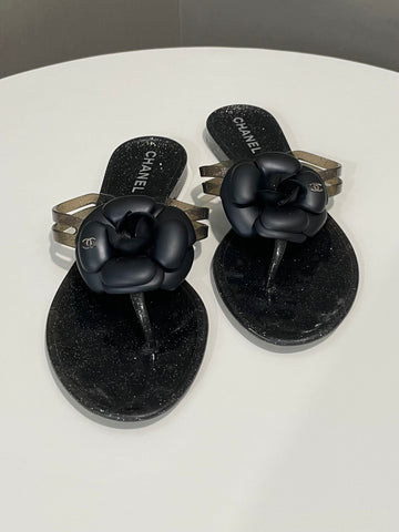 Chanel Camellia Thongs Black Giltter Rubber Size 37
