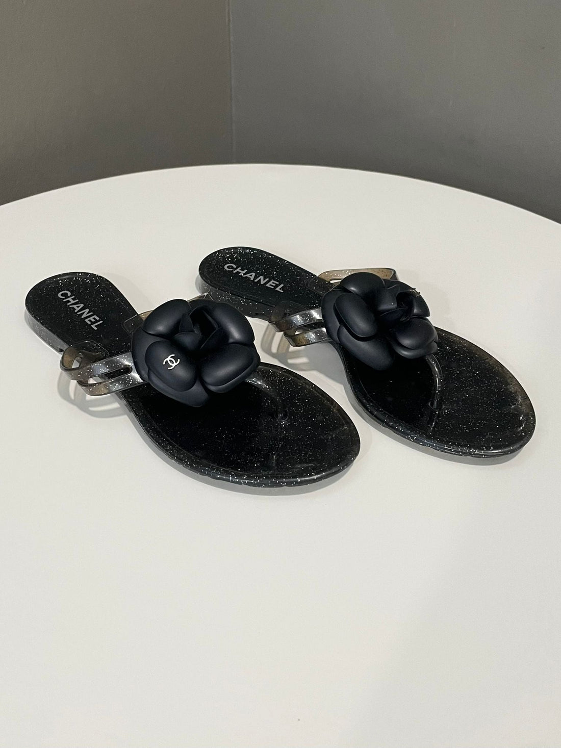 Chanel Camellia Thongs Black Giltter Rubber Size 37