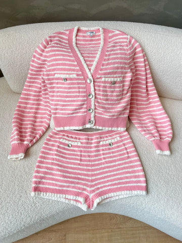 Chanel Cardigan and Shorts 2 pcs set Pink White Striped