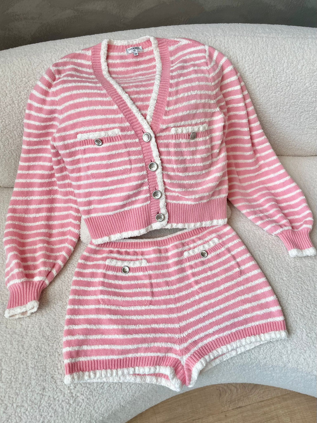 Chanel Cardigan and Shorts 2 pcs set Pink White Striped