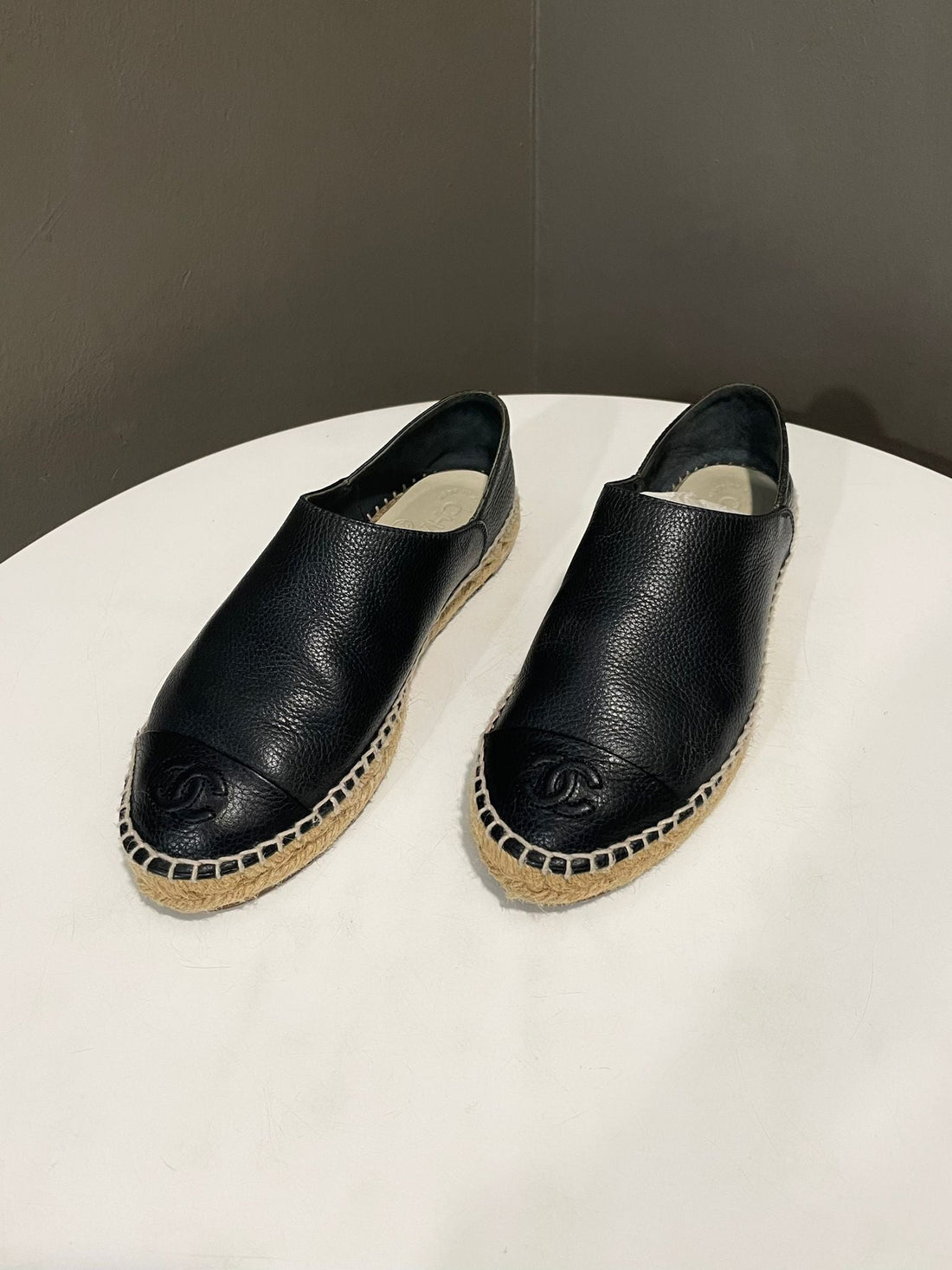Chanel Cc Espadrilles Black Grainy Leather Size 36