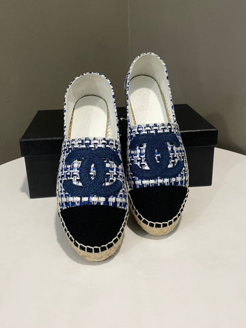 Chanel Cc Espadrilles Blue/ White Tweed Size 38