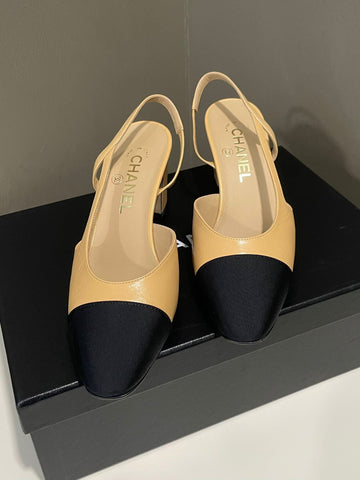 Chanel Cc Slingback Beige Goatskin/ Black Grosgrain Size 37.5 C