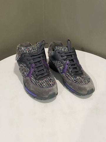 Chanel Cc Sneaker Grey Purple Tweed Size 38