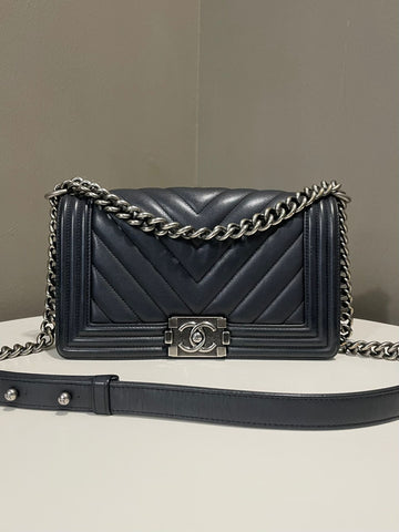 Chanel Chevron Boy Old Medium Black Calfskin
