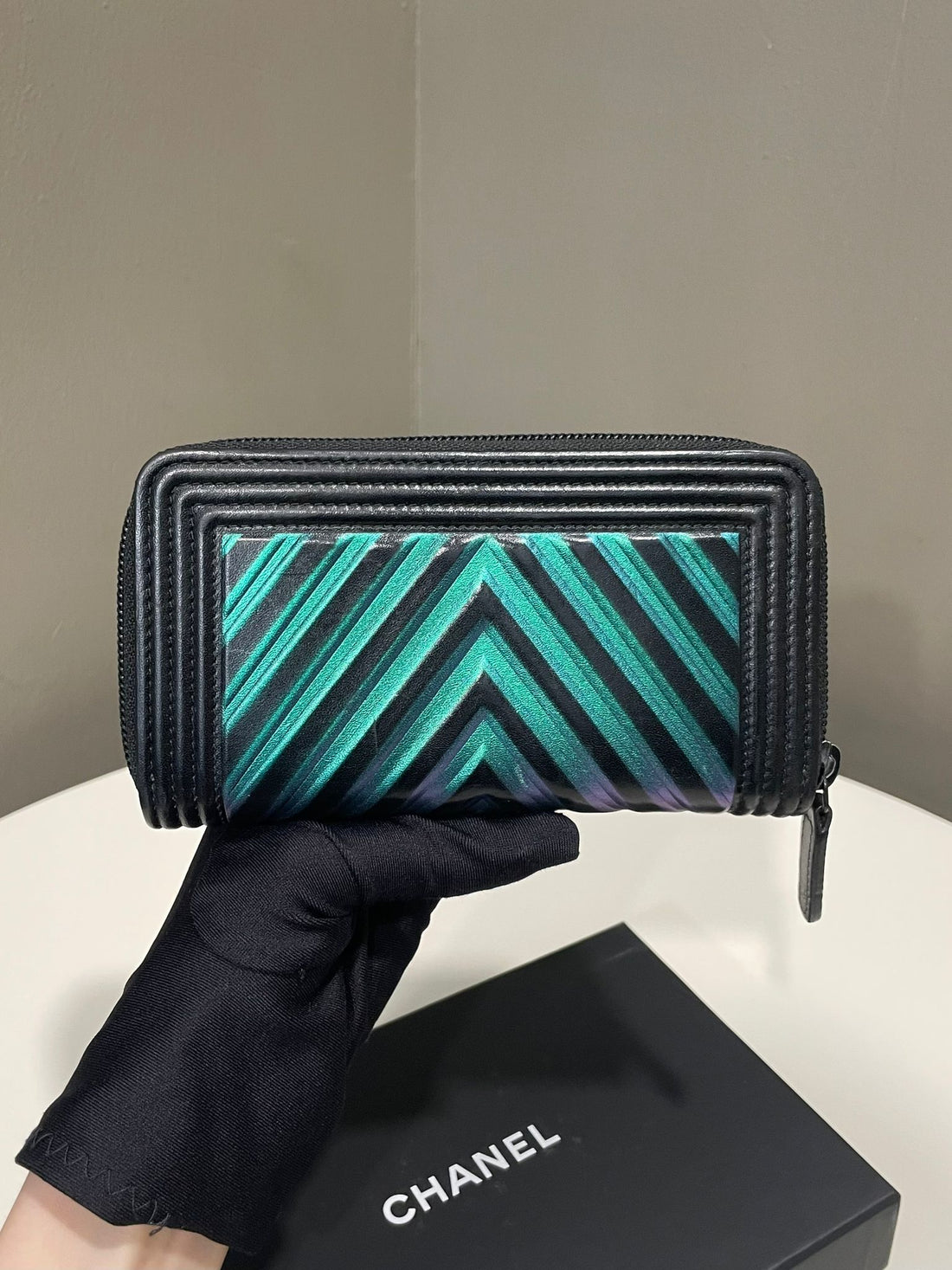 Chanel Chevron Boy Zip Around Wallet Iridescent Black Calfskin