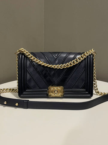 Chanel Chevron Old Medium Boy  Black Tri-Leather