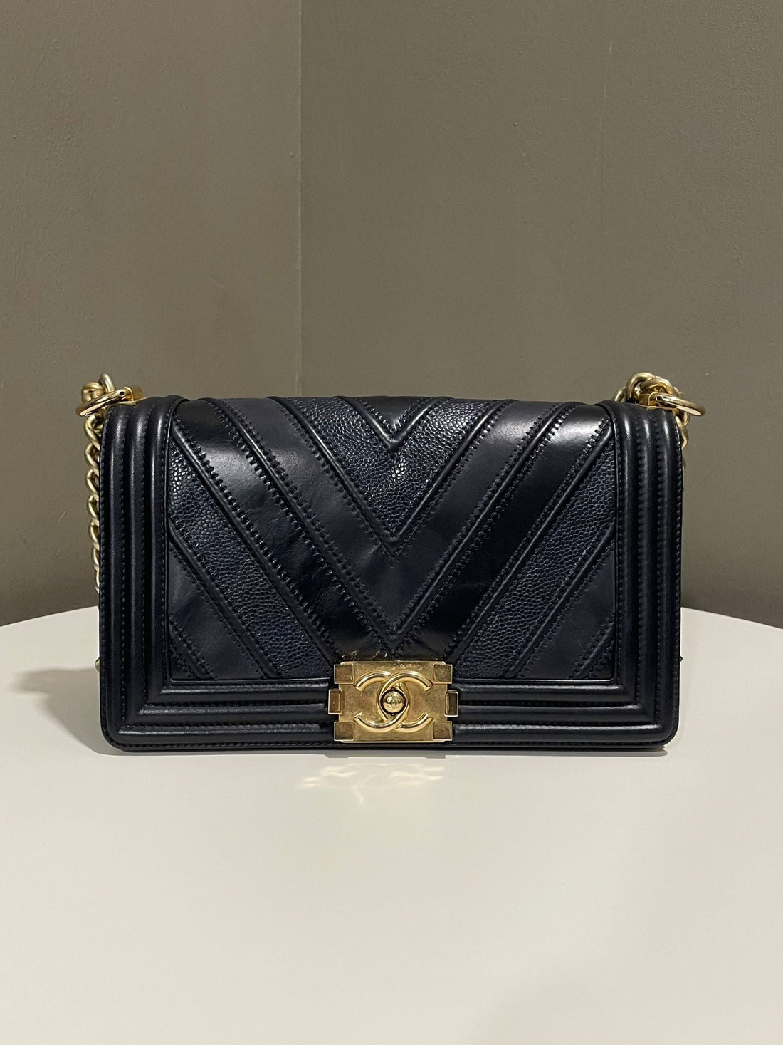 Chanel Chevron Old Medium Boy  Black Tri-Leather