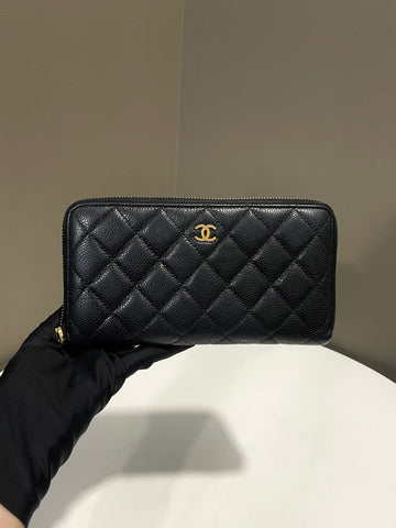 Chanel Classic CC Quilted Long Zip Wallet Black Caviar