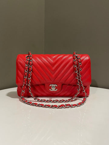 Chanel Classic Chevron Medium Double Flap Light Red Caviar