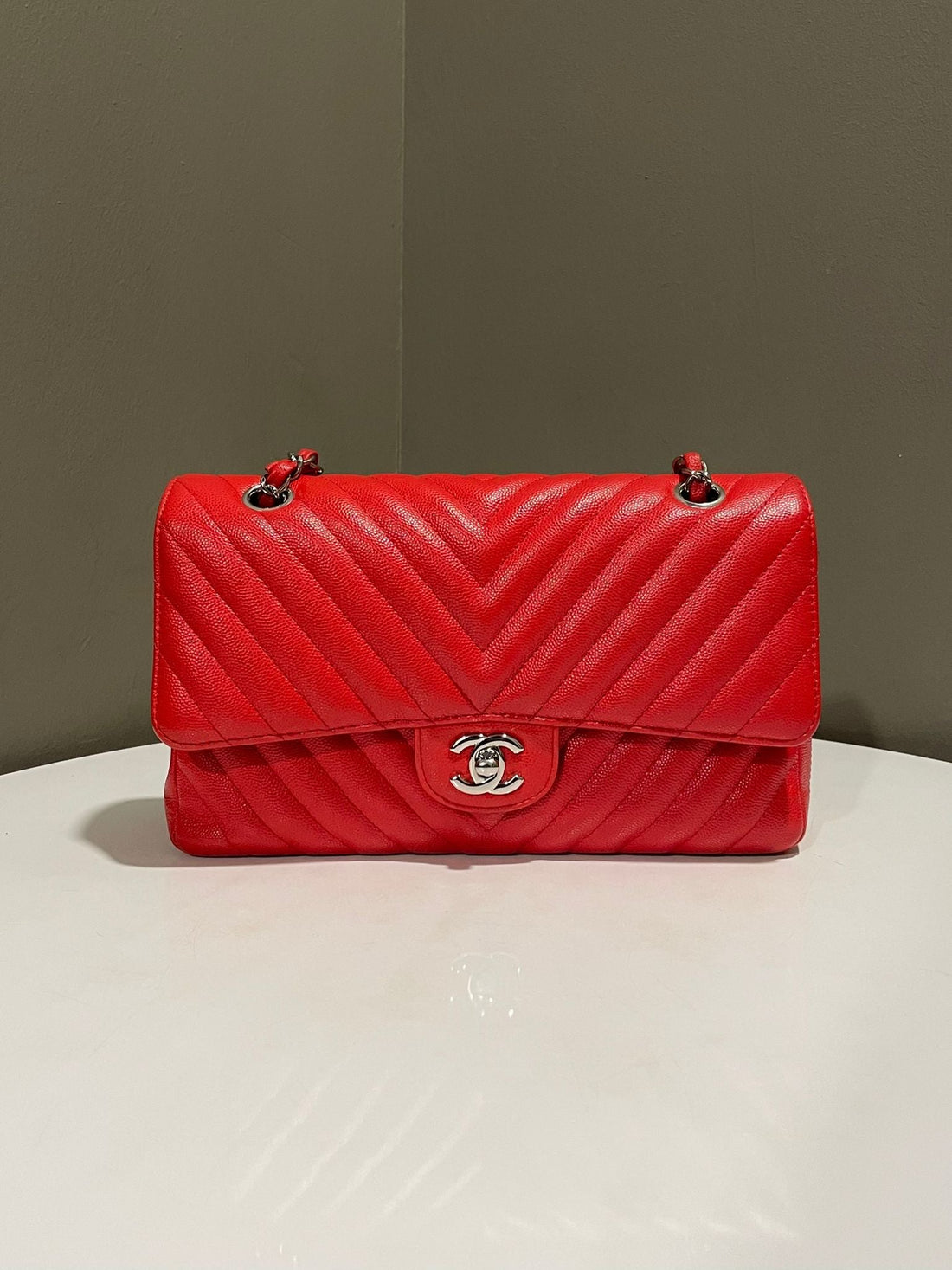 Chanel Classic Chevron Medium Double Flap Light Red Caviar