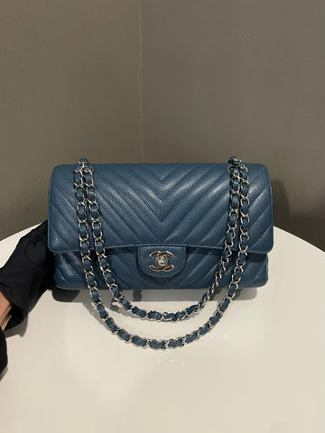 Chanel Classic Chevron Medium Double Flap  Dark Teal Caviar