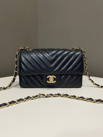 Chanel Classic Chevron Mini Rectangular Black Iridescent Glazed Calf