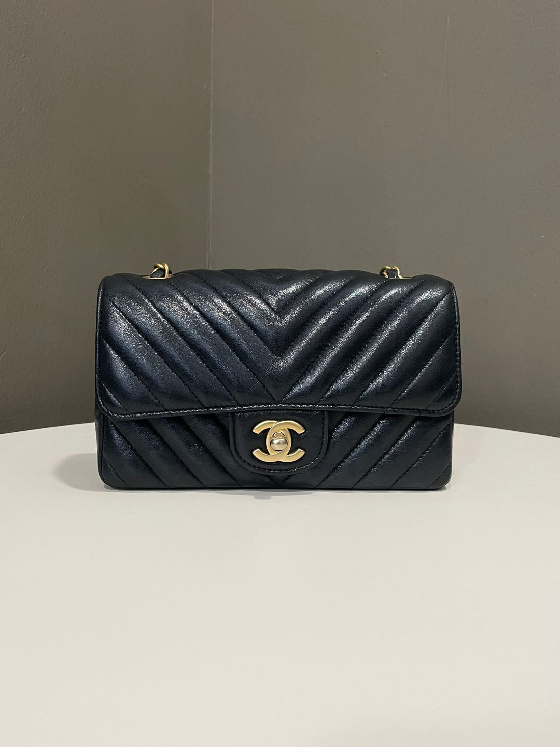 Chanel Classic Chevron Mini Rectangular Black Iridescent Glazed Calf