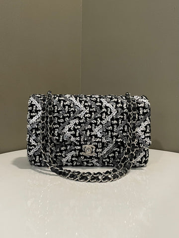 Chanel Classic Medium Double Flap Bag Tweed Black / White Sequins