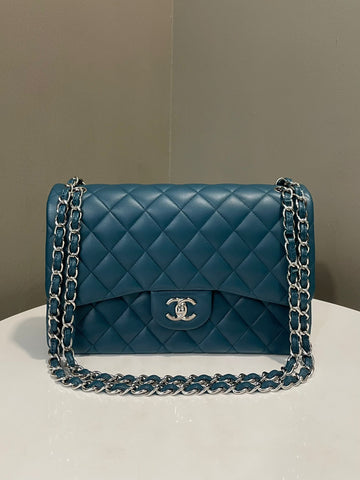 Chanel Classic Quilted Jumbo Double Flap Teal Blue Lambskin