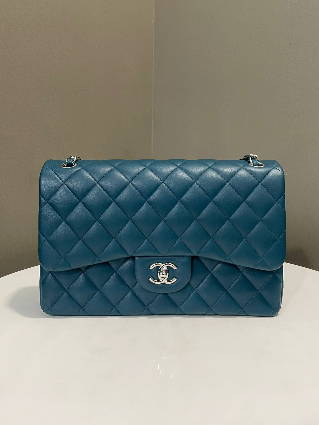 Chanel Classic Quilted Jumbo Double Flap Teal Blue Lambskin
