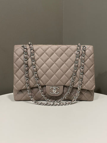 Chanel Classic Quilted Maxi Double Flap Taupe Grey Caviar