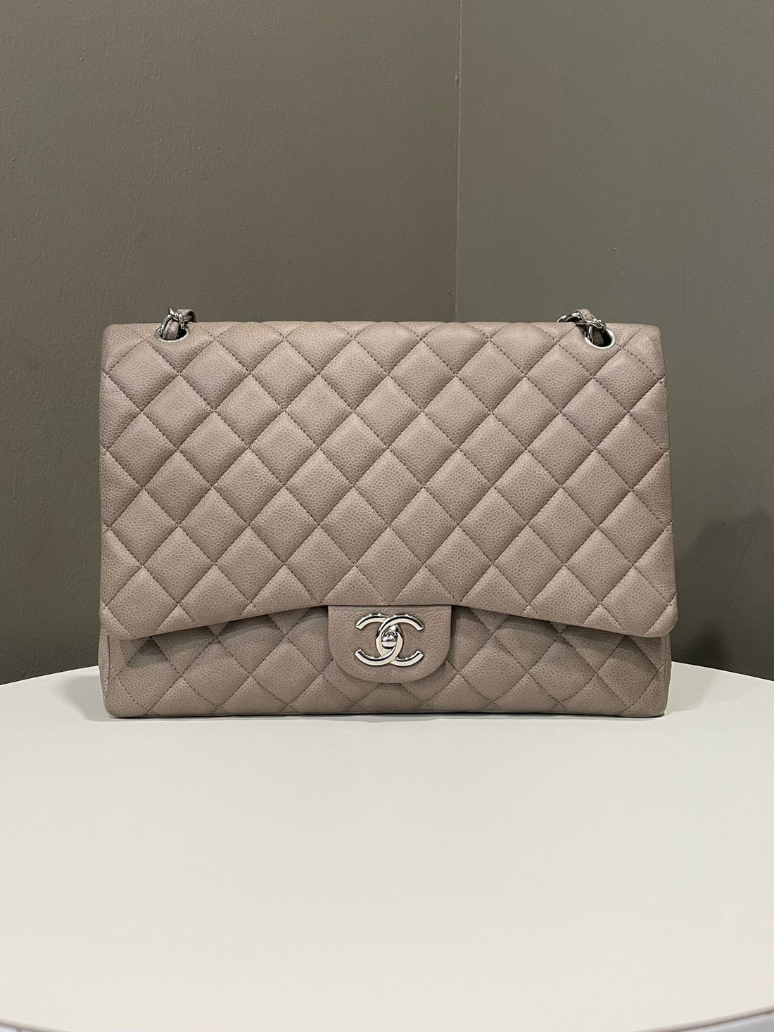 Chanel Classic Quilted Maxi Double Flap Taupe Grey Caviar
