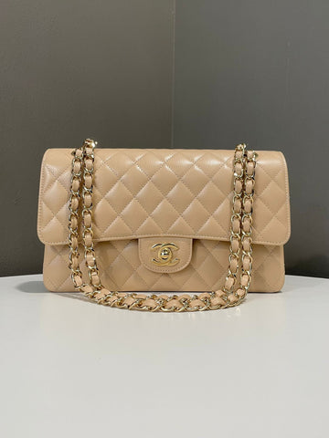 Chanel Classic Quilted Medium Double Flap Beige Claire Caviar