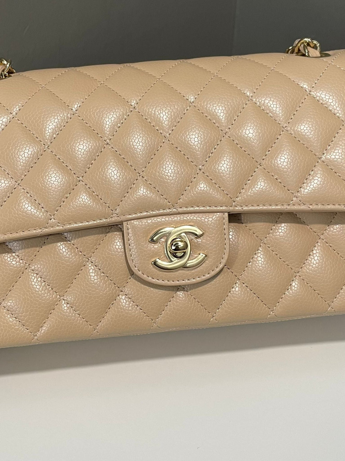 Chanel Classic Quilted Medium Double Flap Beige Claire Caviar