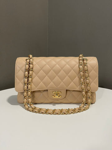 Chanel Classic Quilted Medium Double Flap Beige Claire Caviar
