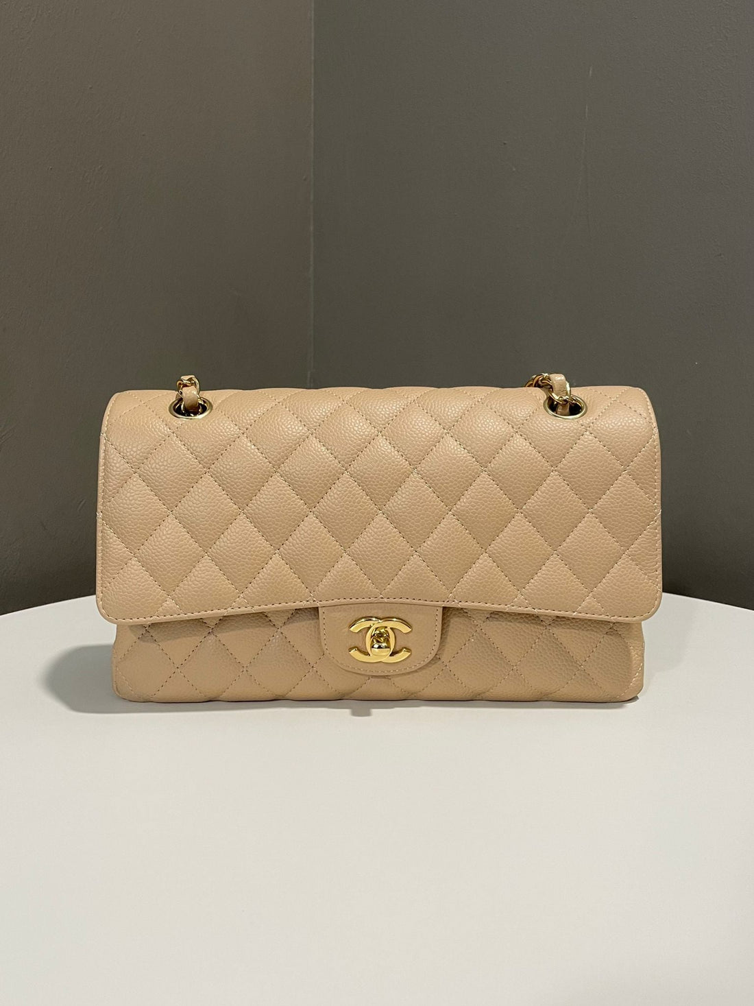 Chanel Classic Quilted Medium Double Flap Beige Claire Caviar