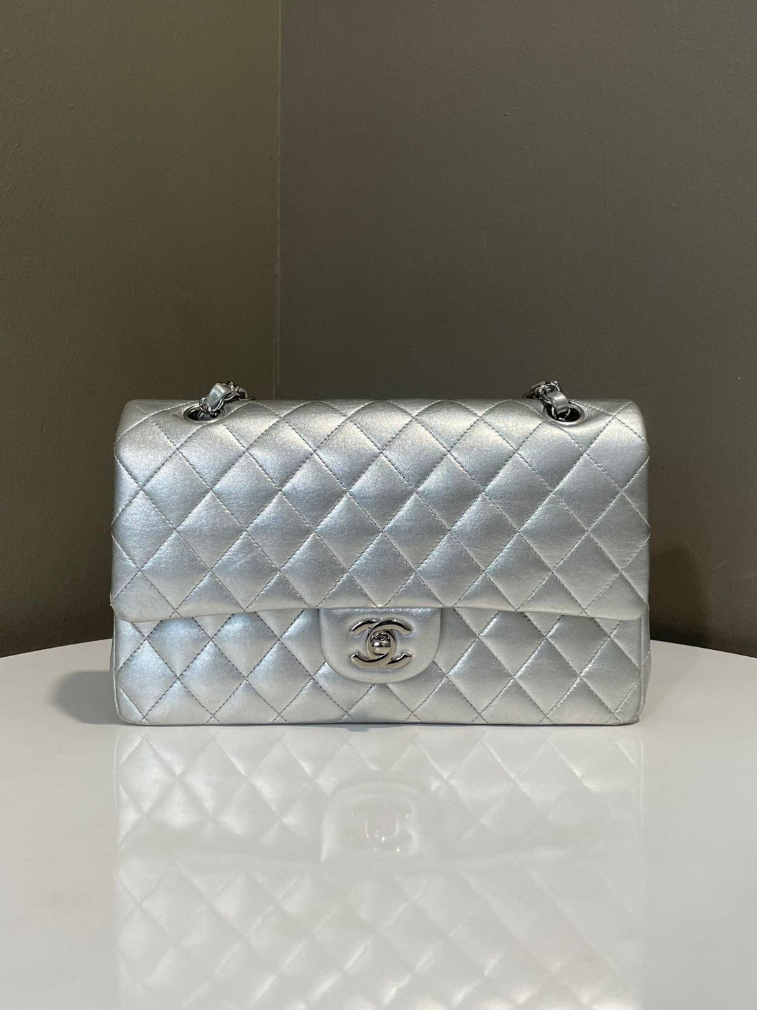 Chanel Classic Quilted Medium Double Flap Silver Lambskin