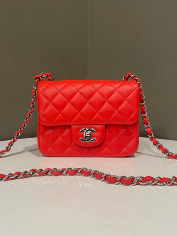 Chanel Classic Quilted Mini Square Coral Red Lambskin