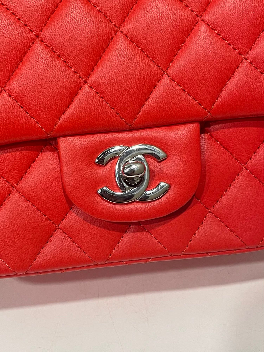 Chanel Classic Quilted Mini Square Coral Red Lambskin