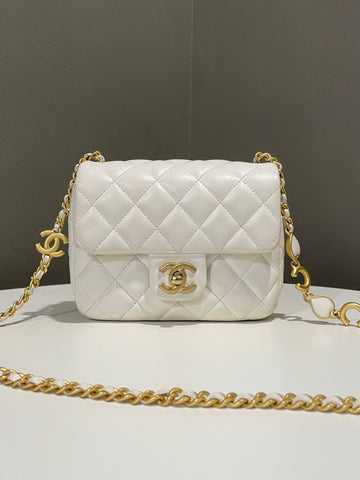 Chanel Classic Quilted Mini Square with Charms White Lambskin