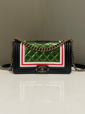 Chanel Crest Boy Old Medium Black / Olive Green