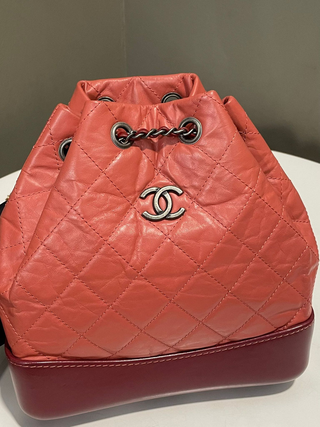 Chanel Gabrielle Quilted Backpack Coral Red Aged Calfskin