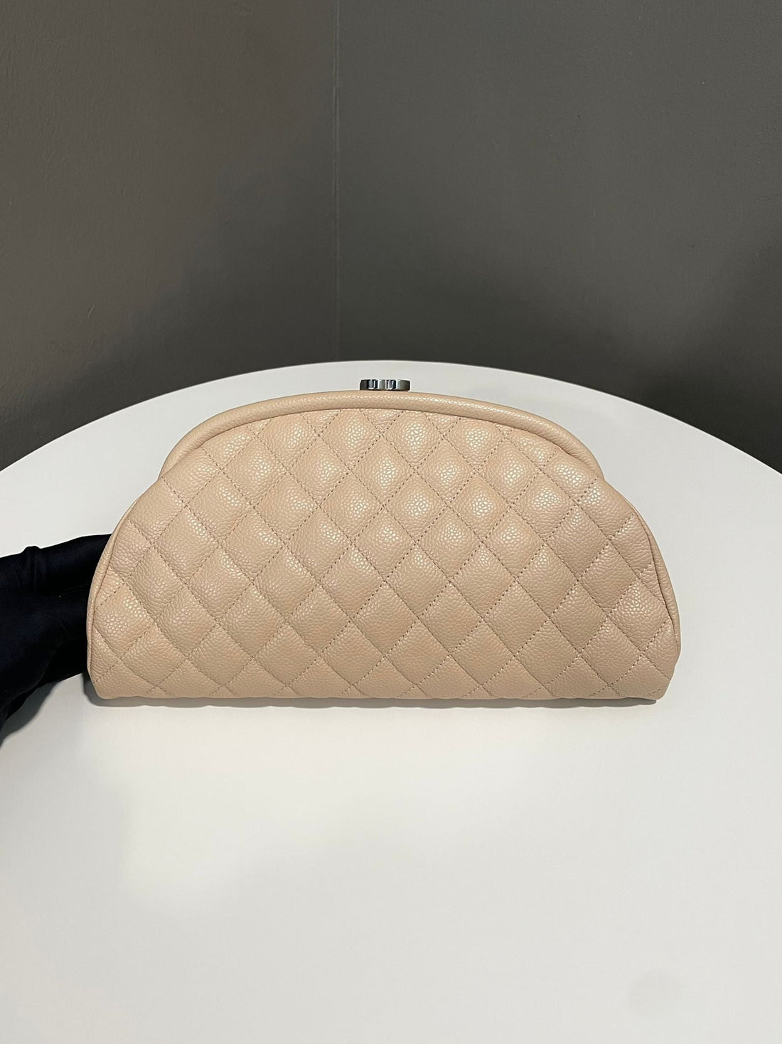 Chanel Kiss Lock Timeless Clutch Beige Caviar Leather