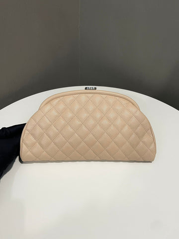 Chanel Kiss Lock Timeless Clutch Beige Caviar Leather