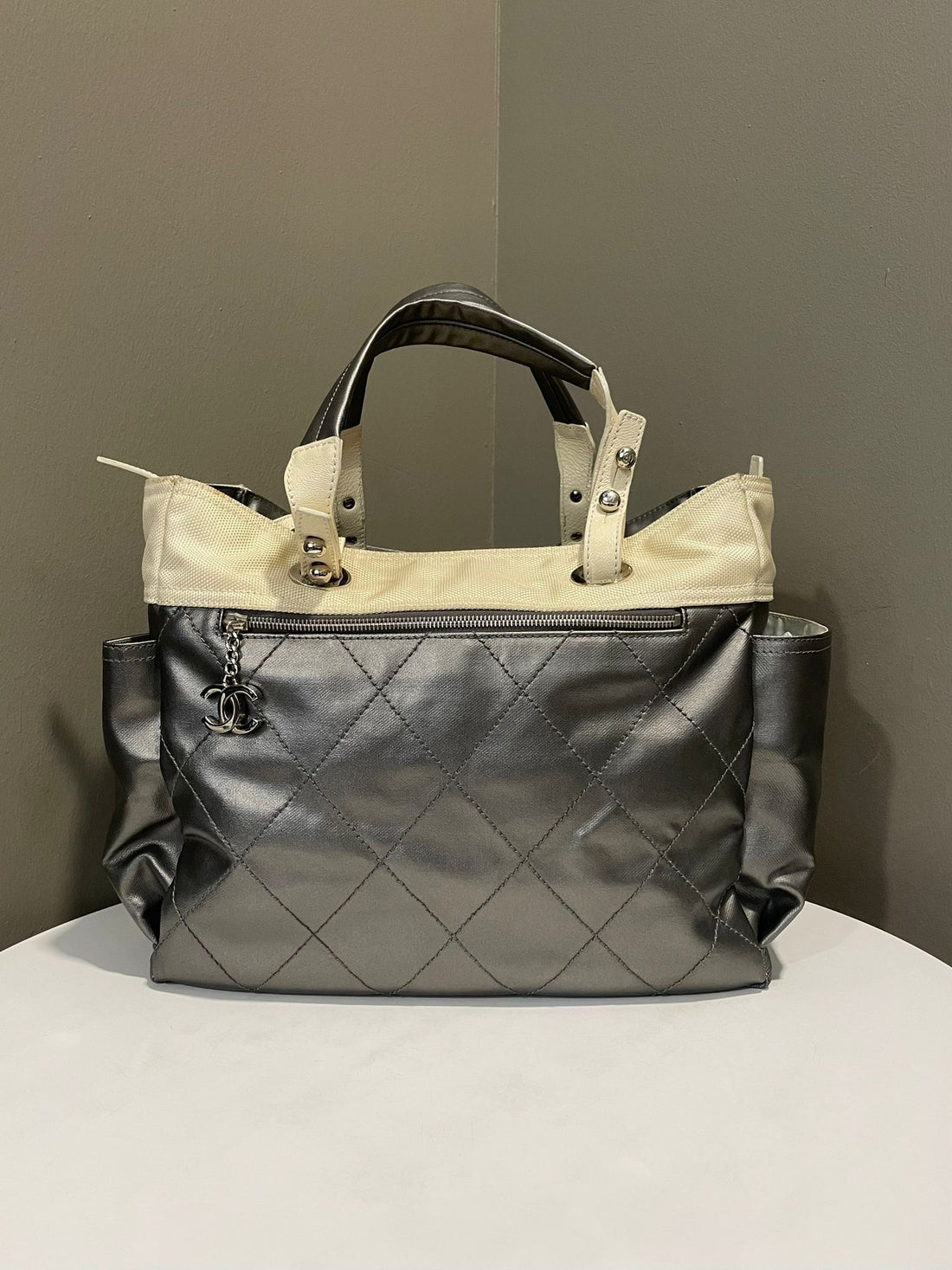 Chanel Paris Biarritz Tote Bag Silver / Cream Leather