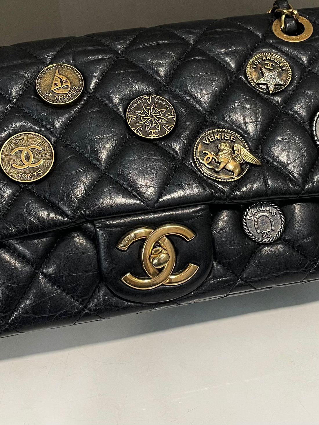 Chanel Paris Dubai Coin Medallion Flap Bag Black Aged Calfskin